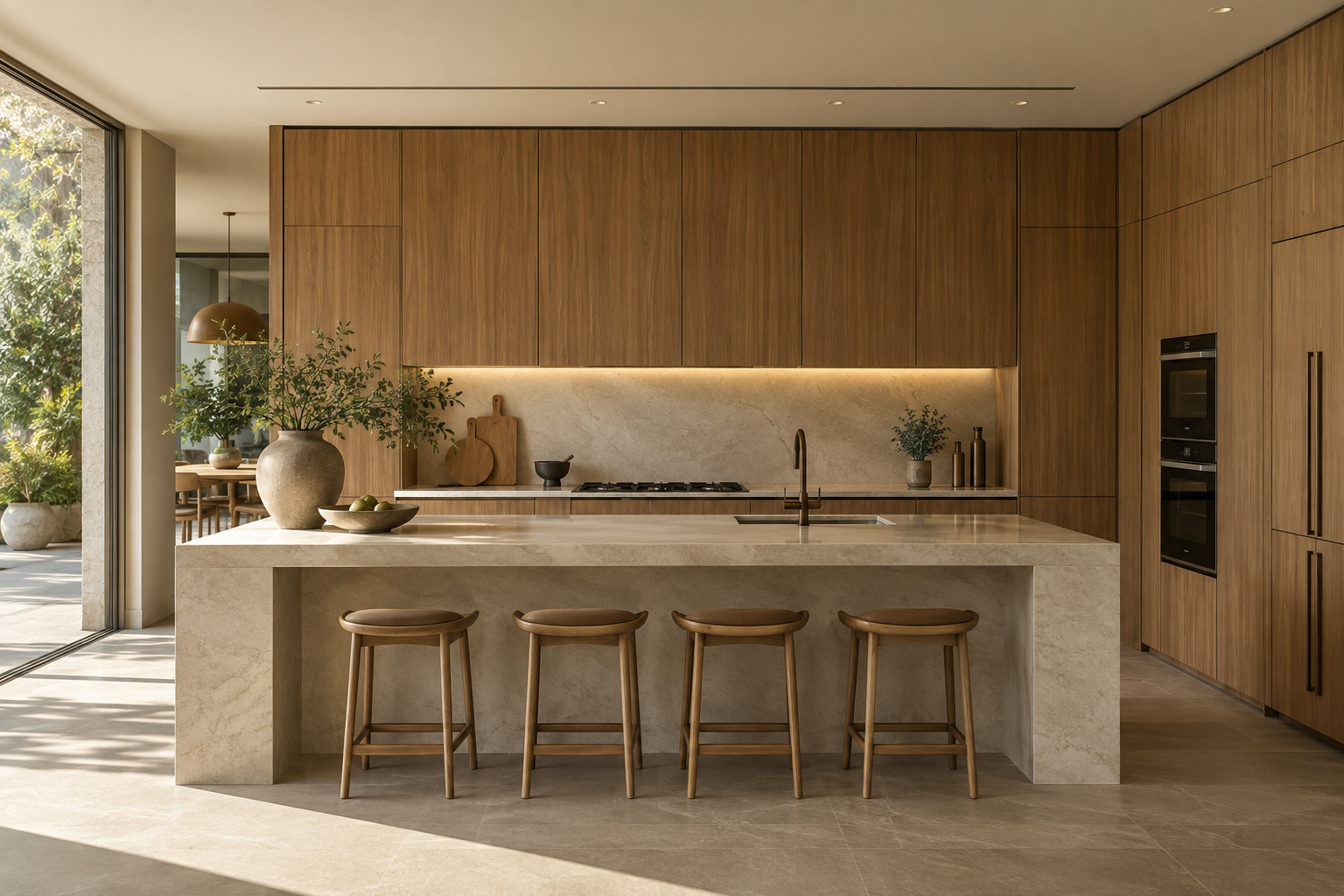 Cozinha contemporânea com marcenaria amadeirada e ilha de pedra clara